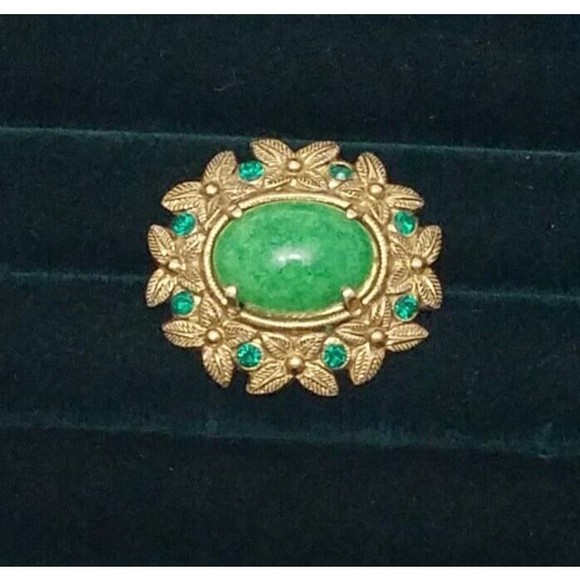 Vtg West Germany Green Cabochon Glass & Rhinestone Goldtone Floral Pin Brooch - Picture 5 of 7